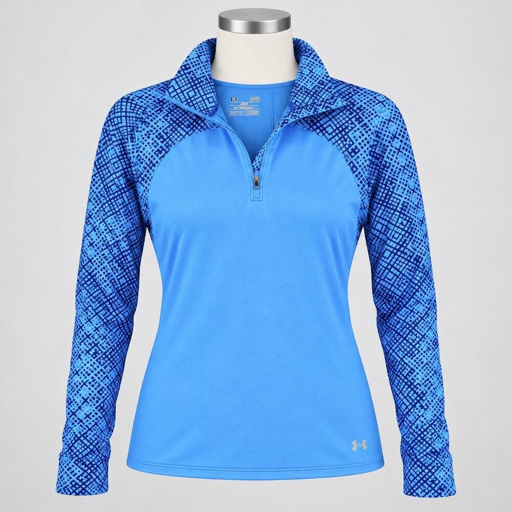 Under Armour ColdGear Womens Large 1/4 Zip Pullover Blue Geo Thumbholes Running